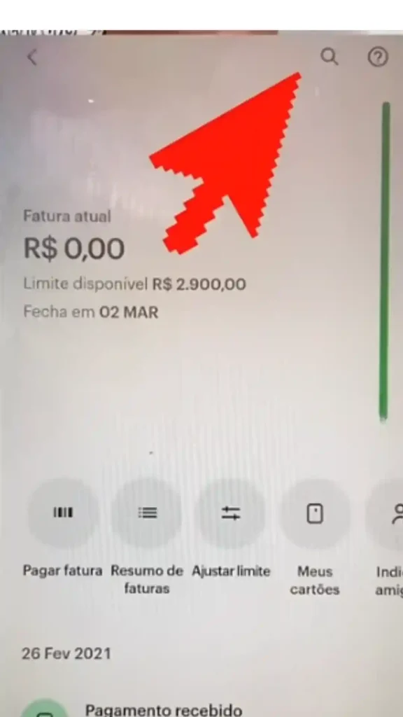 Tela do app Nubank — ícone da lupa para pesquisar transações