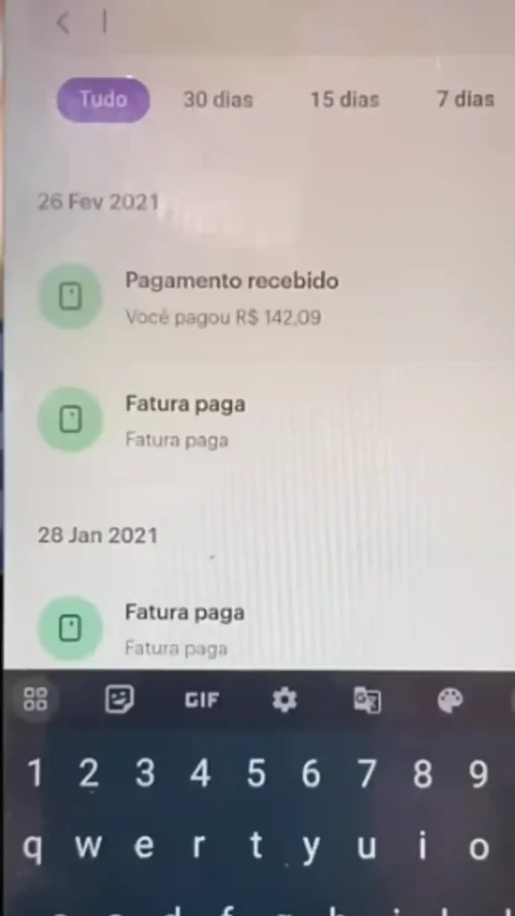 Tela do app Nubank — campo de busca com ponto digitado