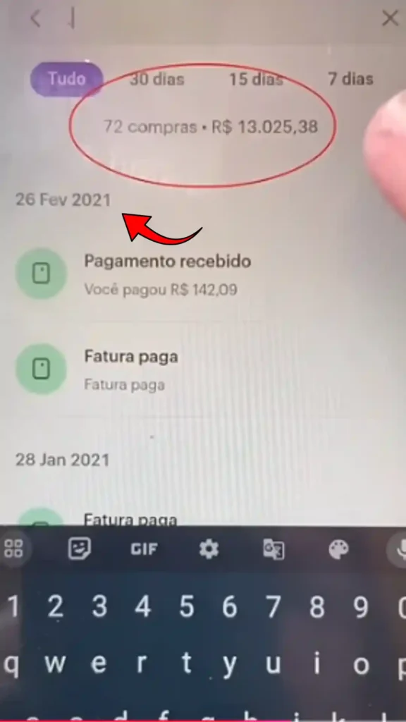 Tela do app Nubank — resultado com total histórico de gastos